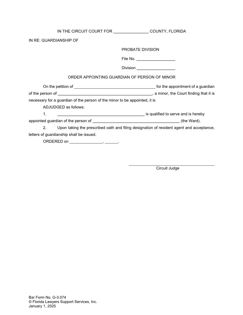 Order Appointing Guardian Of Person Of Minor {G-3.074} | Pdf Fpdf Doc Docx | FLSSI Guardianship