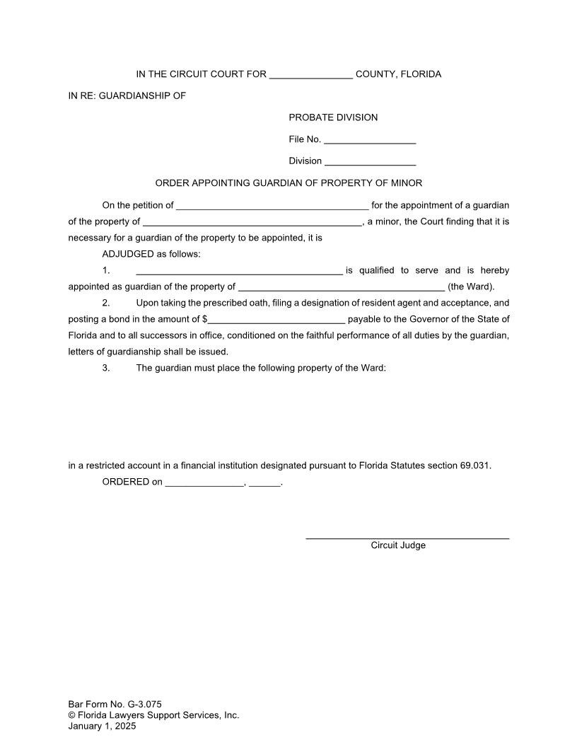 Order Appointing Guardian Of Property Of Minor {G-3.075} | Pdf Fpdf Doc Docx | FLSSI Guardianship