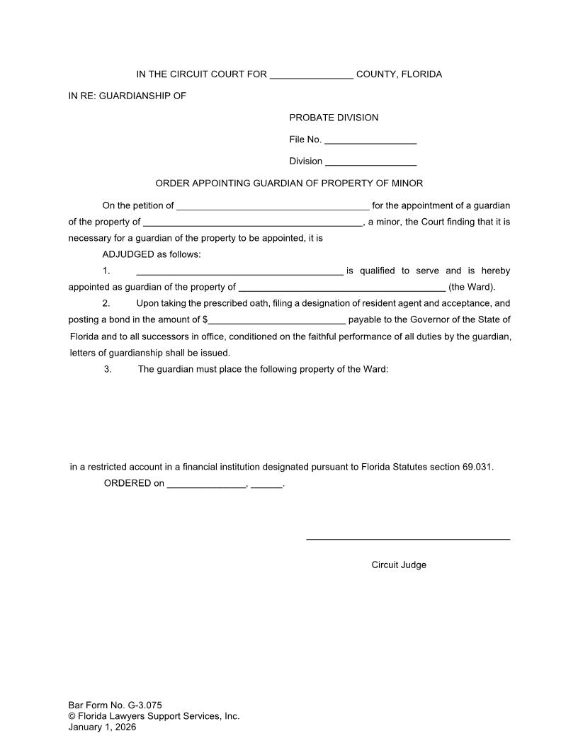 Order Appointing Guardian Of Property Of Minor {G-3.075} | Pdf Fpdf Doc Docx | FLSSI Guardianship