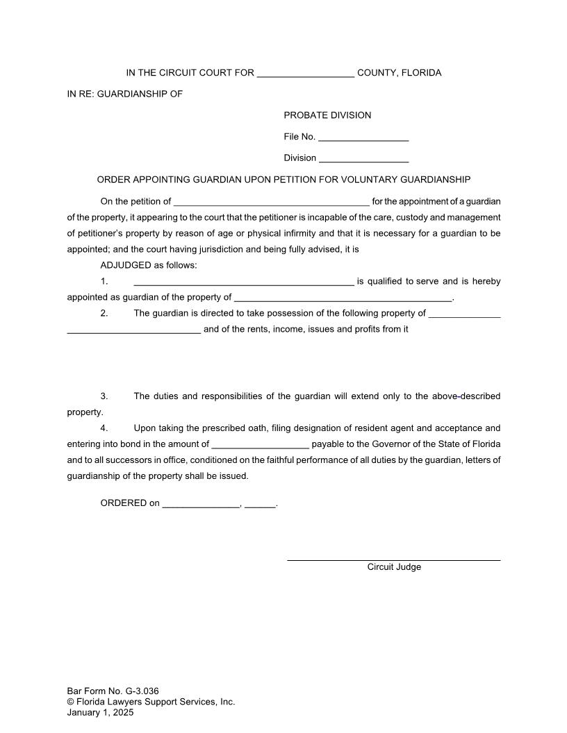 Order Appointing Guardian Upon Petition For Voluntary Guardianship {G-3.036} | Pdf Fpdf Doc Docx | FLSSI Guardianship