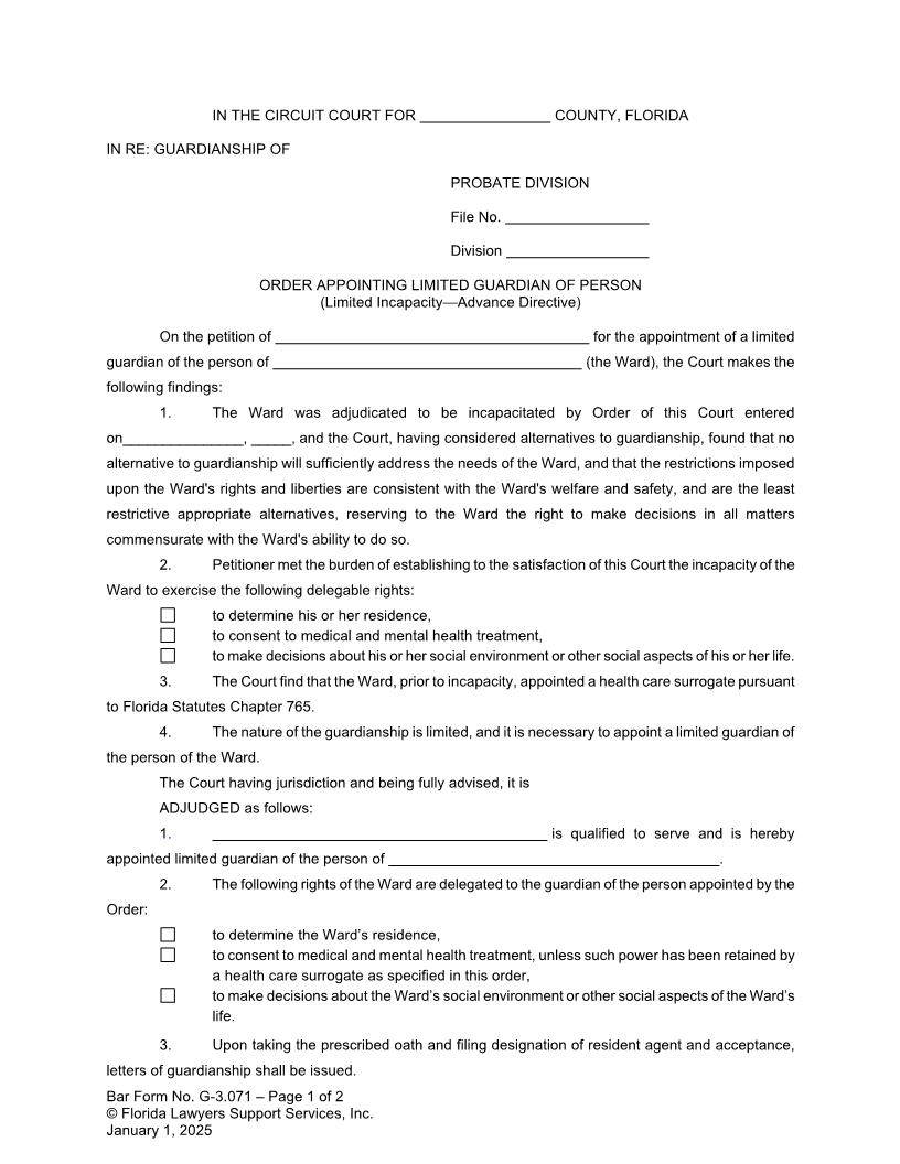 Order Appointing Limited Guardian Of Person Limited Incapacity Advance Directive {G-3.071} | Pdf Fpdf Doc Docx | FLSSI Guardianship