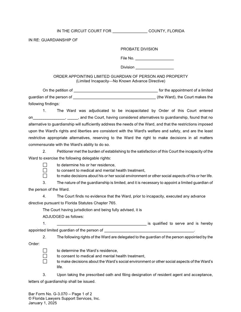 Order Appointing Limited Guardian Of Person Limited Incapacity No Advance Directive {G-3.070} | Pdf Fpdf Doc Docx | FLSSI Guardianship