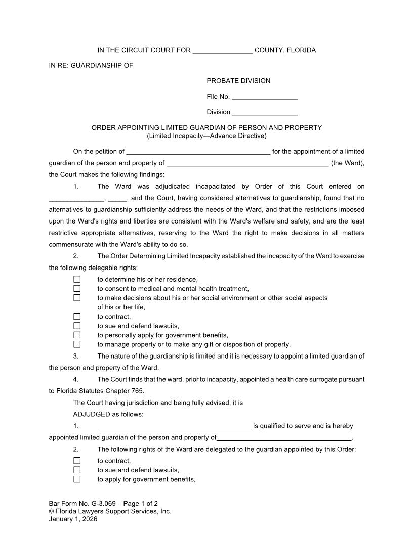 Order Appointing Limited Guardian Of Person Property Limited Incapacity Advance Directive {G-3.069} | Pdf Fpdf Doc Docx | FLSSI Guardianship