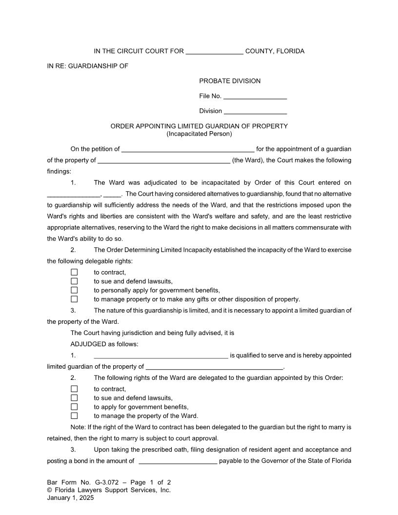 Order Appointing Limited Guardian Of Property Incapacitated Person {G-3.072} | Pdf Fpdf Doc Docx | FLSSI Guardianship