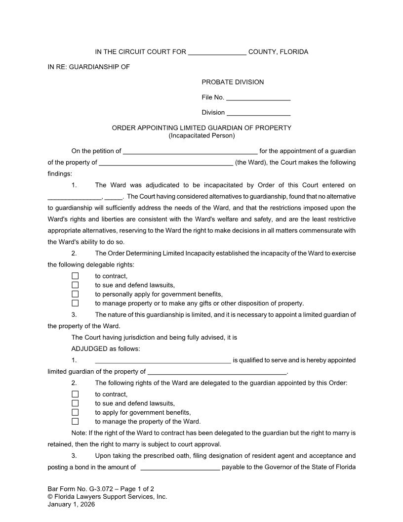 Order Appointing Limited Guardian Of Property Incapacitated Person {G-3.072} | Pdf Fpdf Doc Docx | FLSSI Guardianship