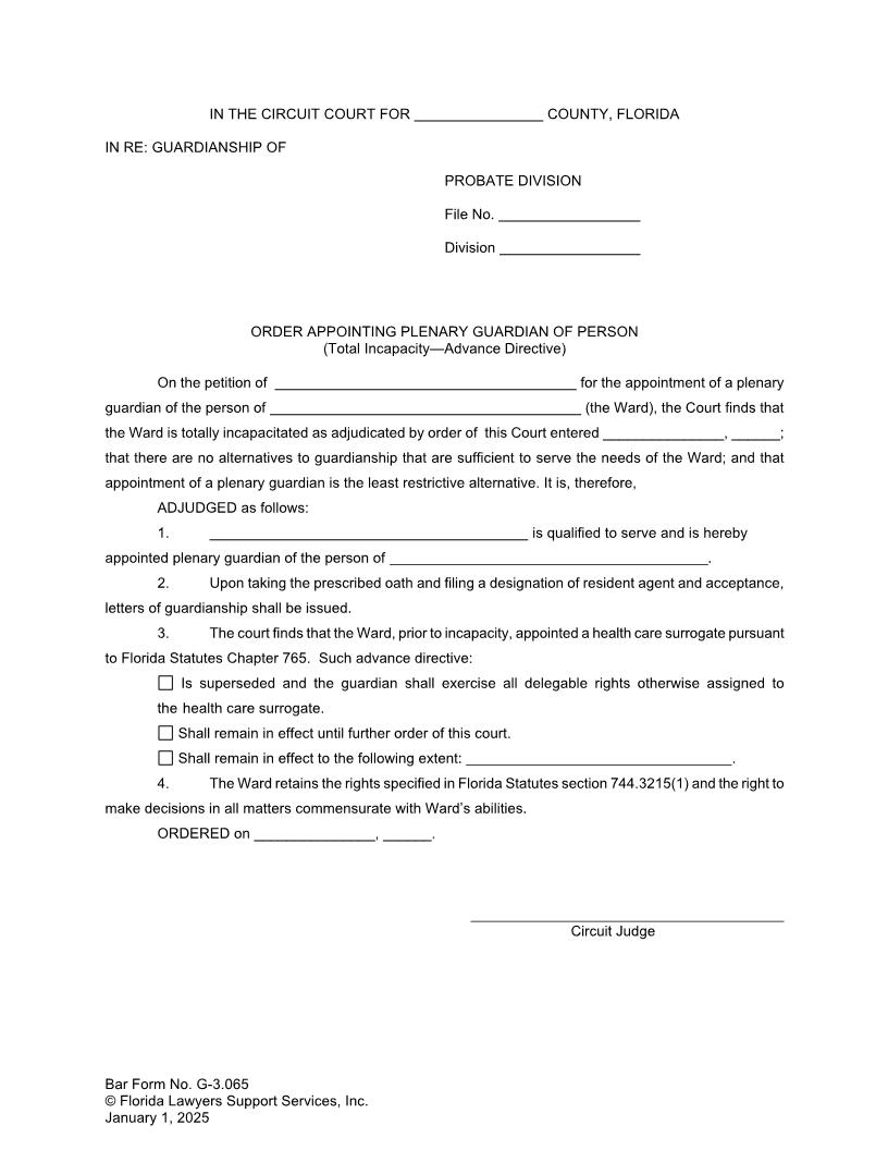 Order Appointing Plenary Guardian Of Person Total Incapacity Advance Directive {G-3.065} | Pdf Fpdf Doc Docx | FLSSI Guardianship