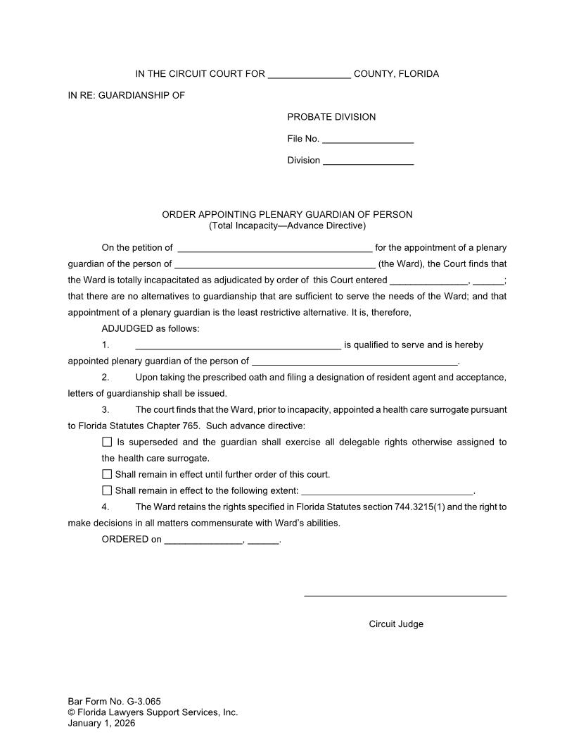 Order Appointing Plenary Guardian Of Person Total Incapacity Advance Directive {G-3.065} | Pdf Fpdf Doc Docx | FLSSI Guardianship