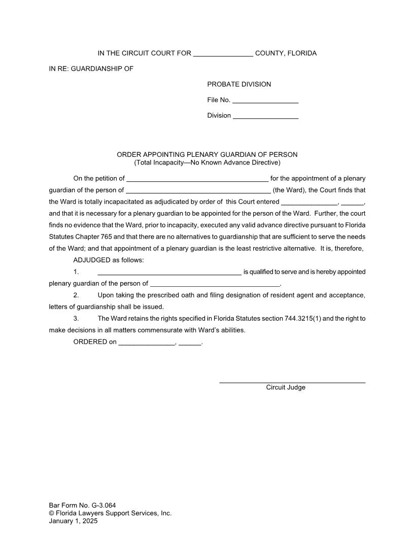 Order Appointing Plenary Guardian Of Person Total Incapacity No Directive {G-3.064} | Pdf Fpdf Doc Docx | FLSSI Guardianship