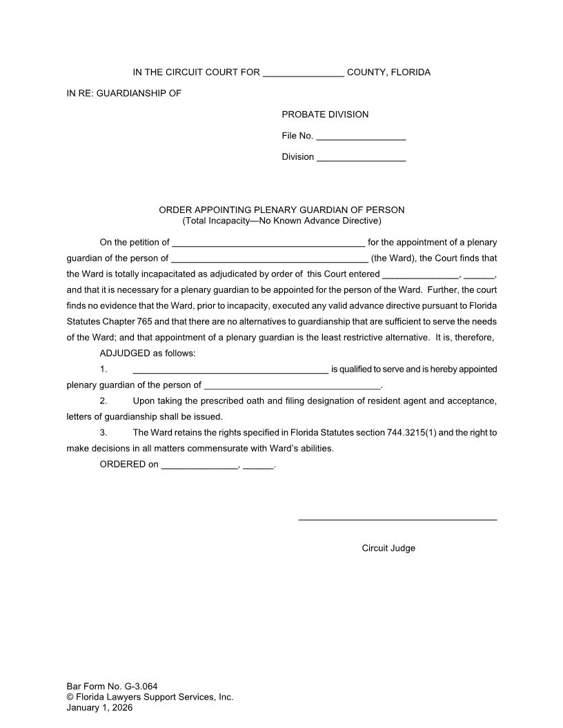 Order Appointing Plenary Guardian Of Person Total Incapacity No Directive {G-3.064} | Pdf Fpdf Doc Docx | FLSSI Guardianship