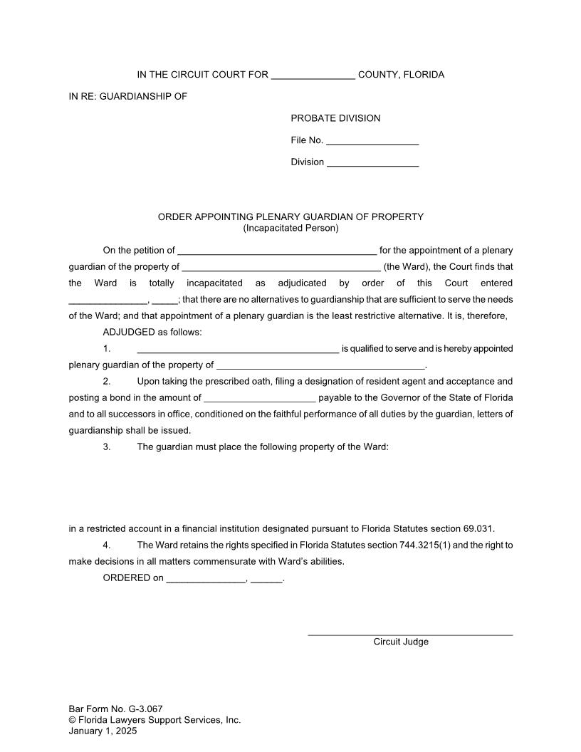 Order Appointing Plenary Guardian Of Property Incapacitated Person {G-3.067} | Pdf Fpdf Doc Docx | FLSSI Guardianship