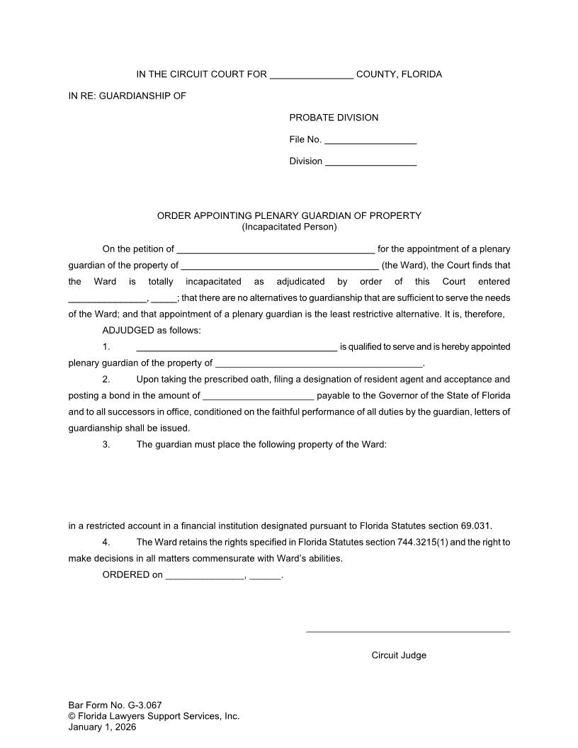 Order Appointing Plenary Guardian Of Property Incapacitated Person {G-3.067} | Pdf Fpdf Doc Docx | FLSSI Guardianship