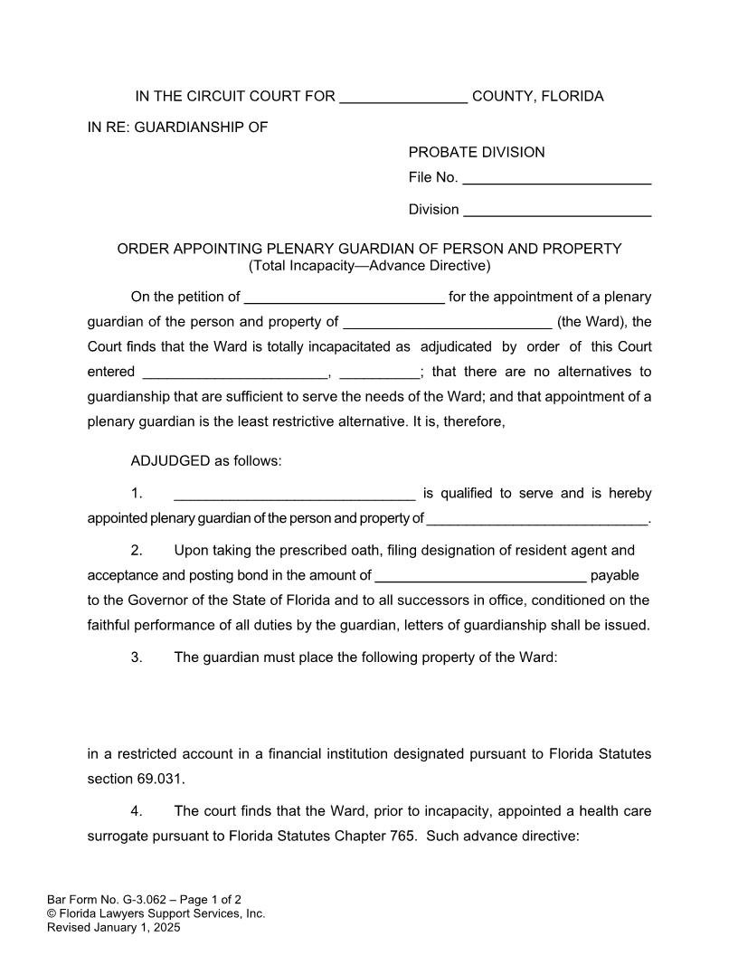 Order Appointing Plenary Guardian Person Property Total Incapacity Adv Directive {G-3.062} | Pdf Fpdf Doc Docx | FLSSI Guardianship