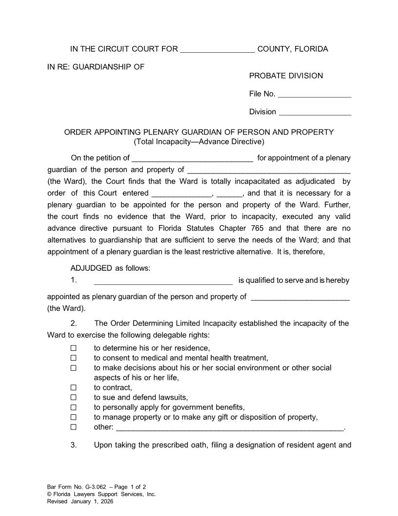 Order Appointing Plenary Guardian Person Property Total Incapacity Advance Directive {G-3.062} | Pdf Fpdf Doc Docx | FLSSI Guardianship
