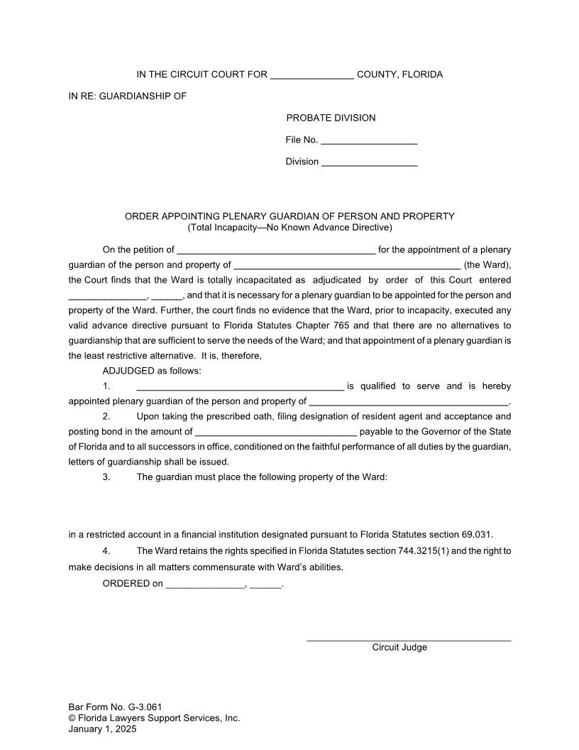 Order Appointing Plenary Guardian Person Property Total Incapacity No Directive {G-3.061} | Pdf Fpdf Doc Docx | FLSSI Guardianship