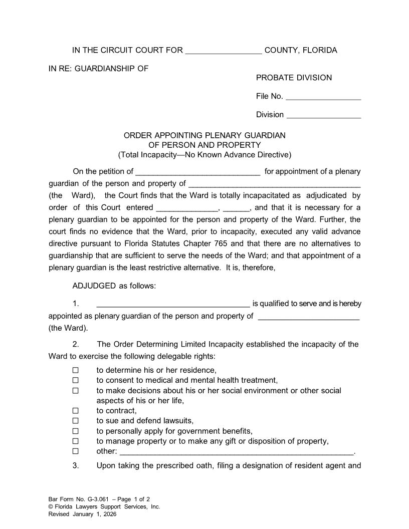 Order Appointing Plenary Guardian Person Property Total Incapacity No Directive {G-3.061} | Pdf Fpdf Doc Docx | FLSSI Guardianship