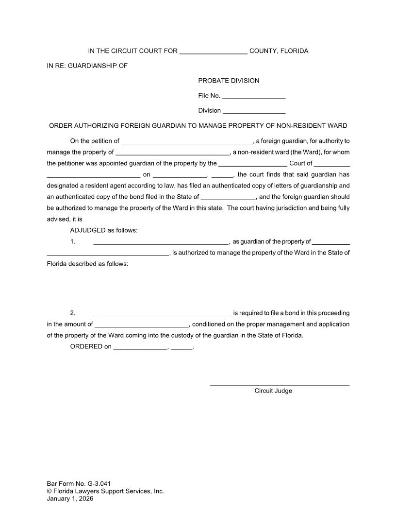 Order Authorizing Foreign Guardian To Manage Property Of Non-Resident Ward {G-3.041} | Pdf Fpdf Doc Docx | FLSSI Guardianship