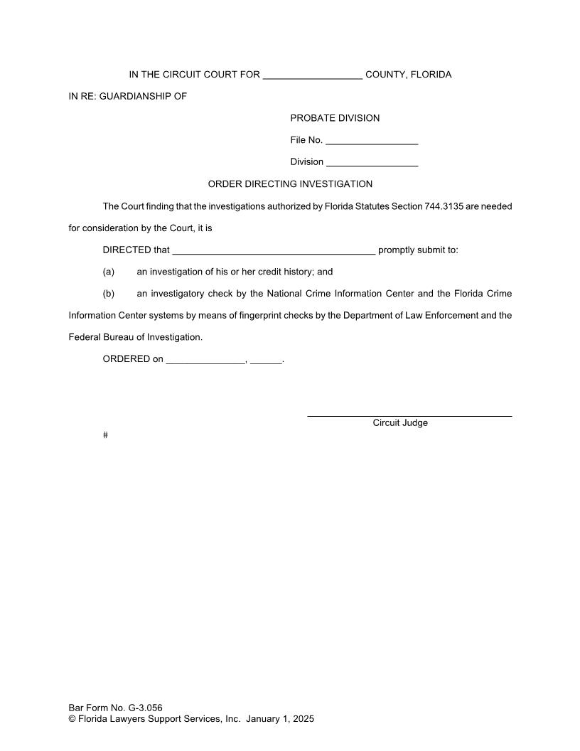 Order Directing Investigation {G-3.056} | Pdf Fpdf Doc Docx | FLSSI Guardianship