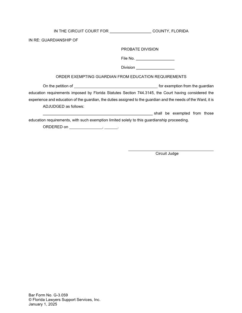 Order Exempting Guardian From Education Requirements {G-3.059} | Pdf Fpdf Doc Docx | FLSSI Guardianship