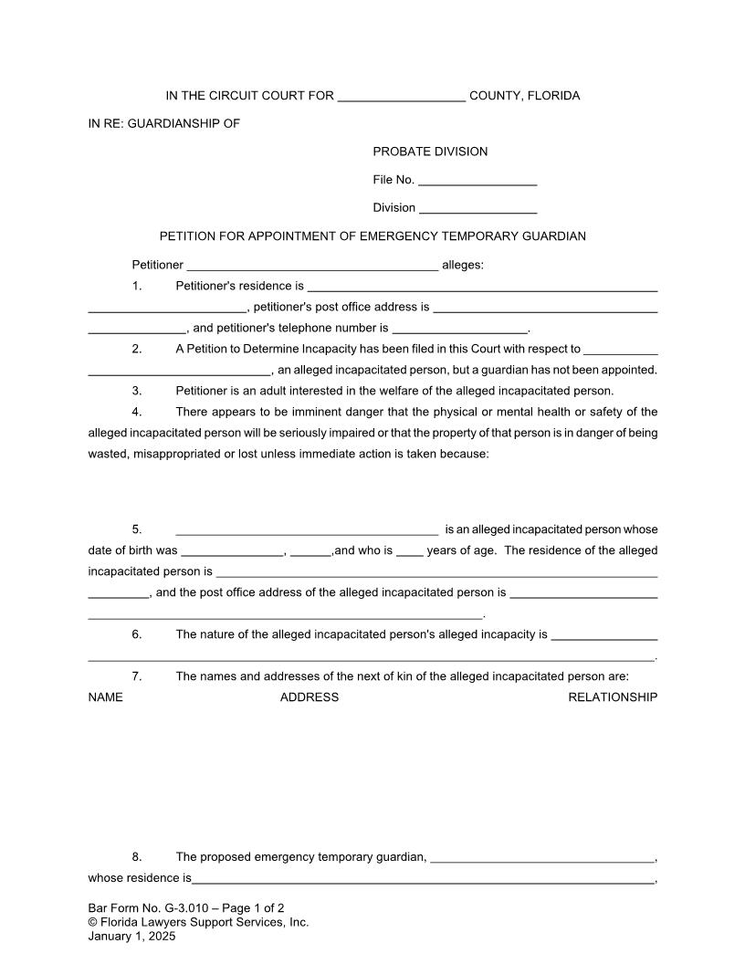 Petition For Appointment Of Emergency Temporary Guardian {G-3.010} | Pdf Fpdf Doc Docx | FLSSI Guardianship