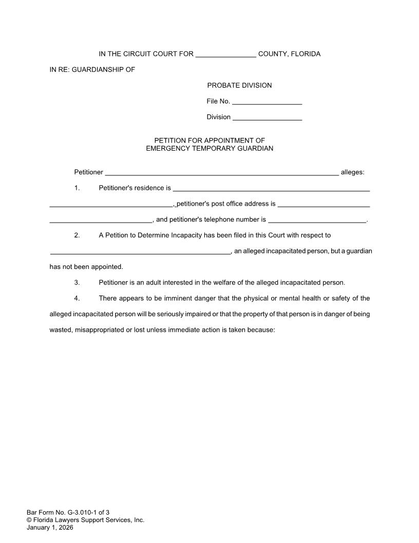 Petition For Appointment Of Emergency Temporary Guardian {G-3.010} | Pdf Fpdf Doc Docx | FLSSI Guardianship