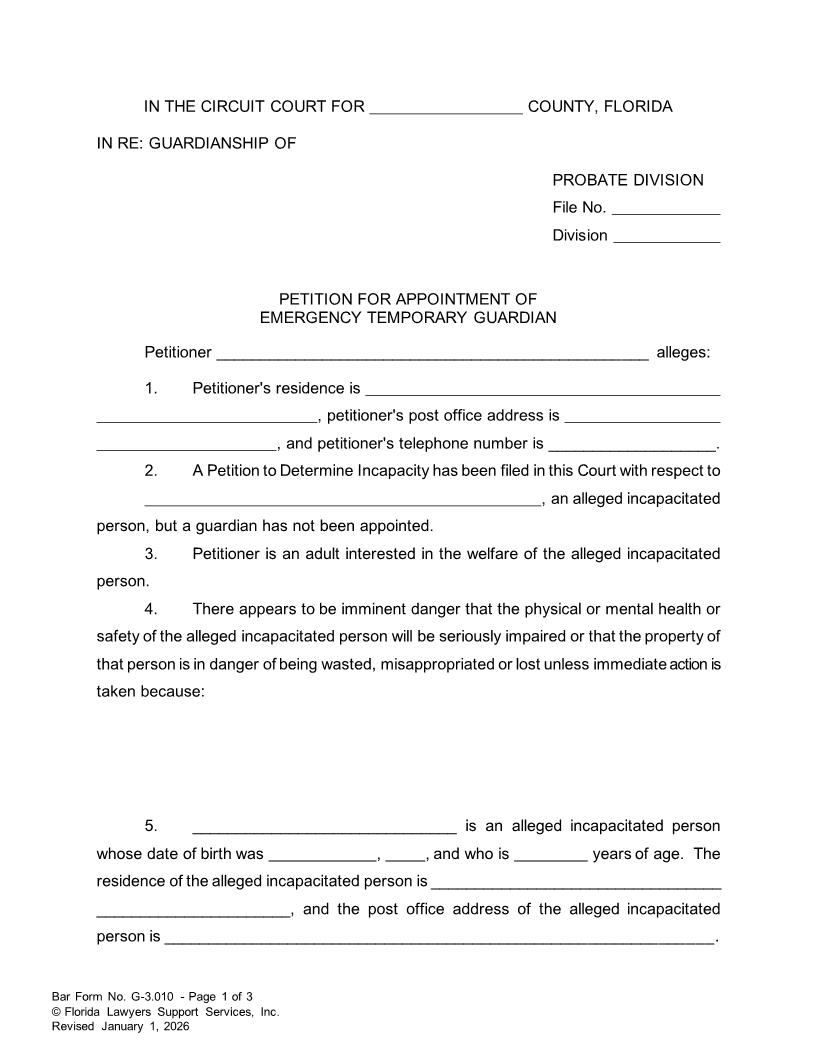 Petition For Appointment Of Emergency Temporary Guardian {G-3.010} | Pdf Fpdf Doc Docx | FLSSI Guardianship