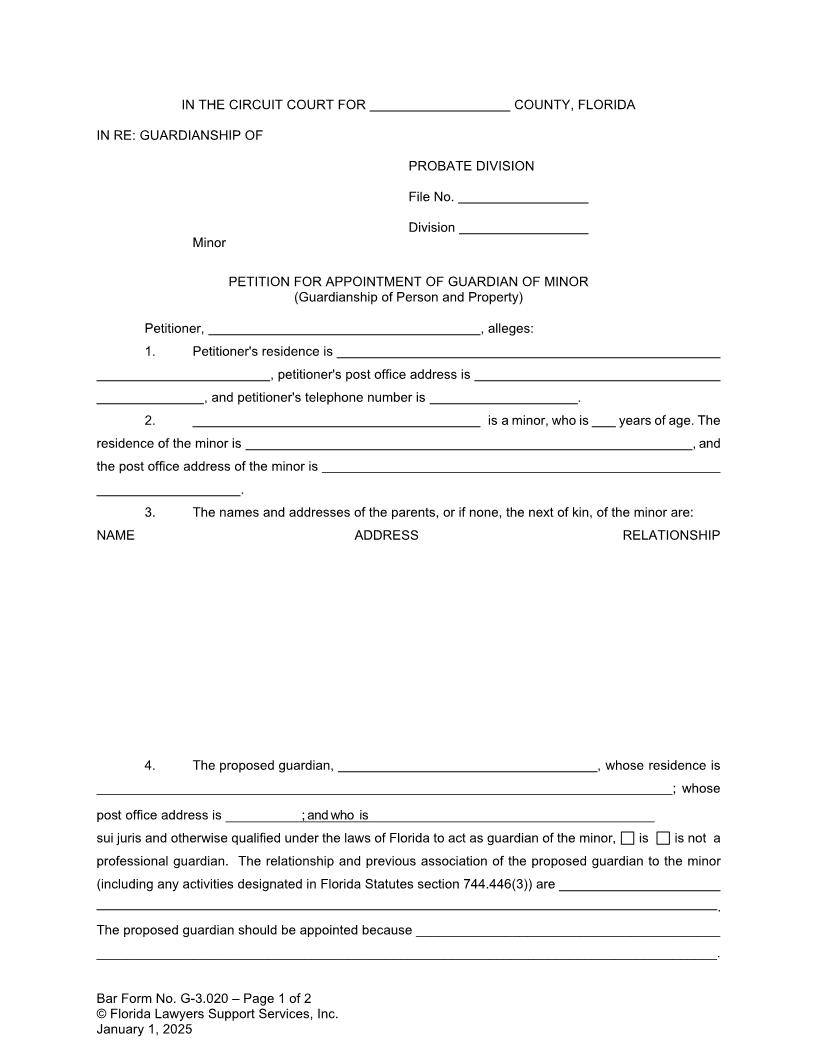 Petition For Appointment Of Guardian Of Minor (Person And Property) {G-3.020} | Pdf Fpdf Doc Docx | FLSSI Guardianship