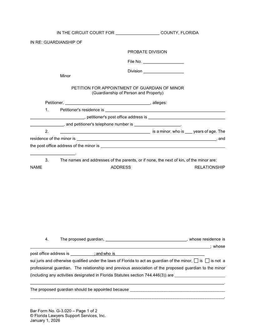 Petition For Appointment Of Guardian Of Minor (Person And Property) {G-3.020} | Pdf Fpdf Doc Docx | FLSSI Guardianship
