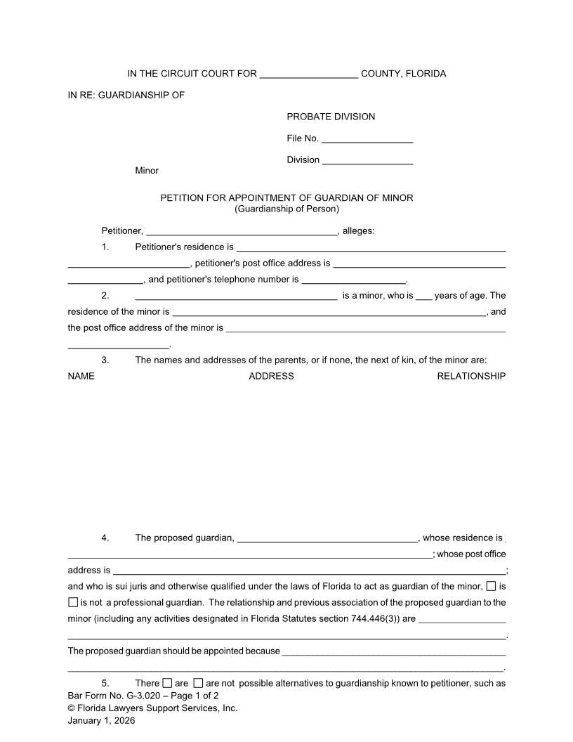 Petition For Appointment Of Guardian Of Minor (Person) {G-3.021} | Pdf Fpdf Doc Docx | FLSSI Guardianship
