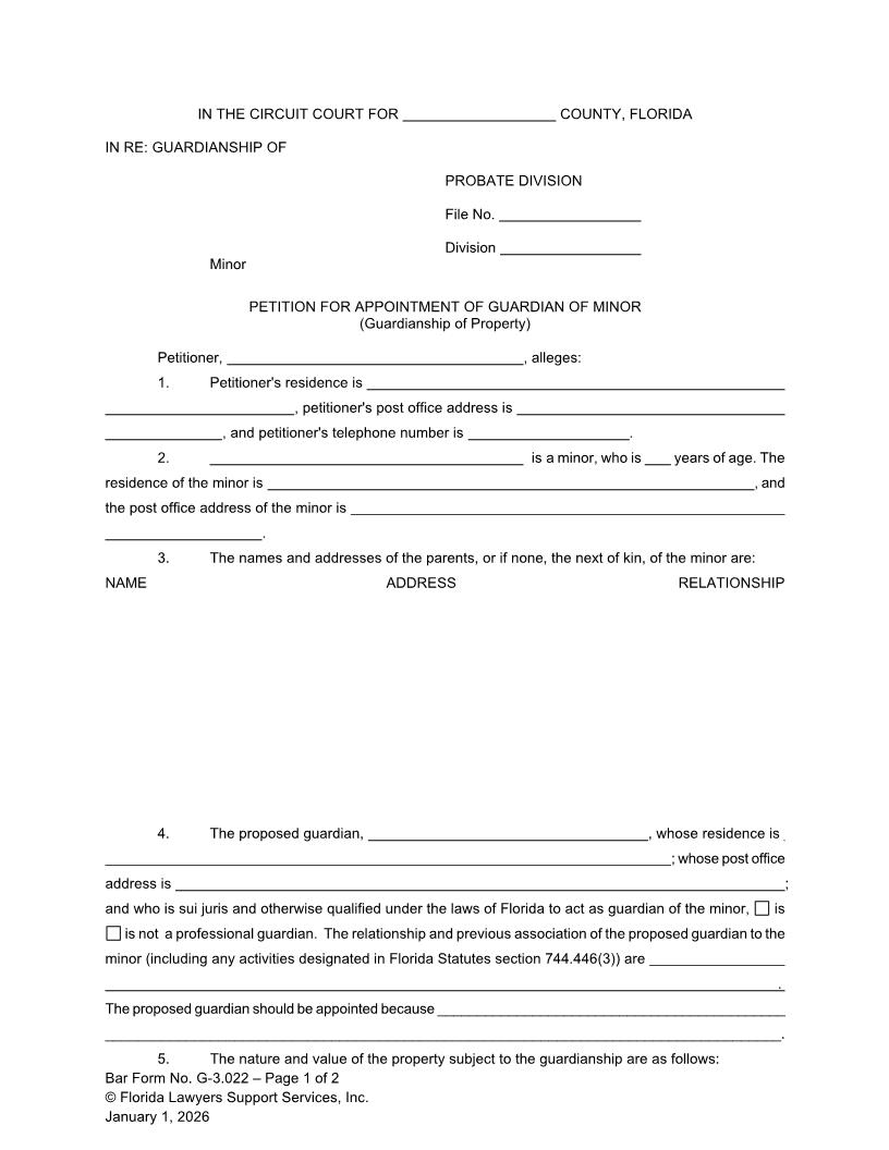 Petition For Appointment Of Guardian Of Minor (Property) {G-3.022} | Pdf Fpdf Doc Docx | FLSSI Guardianship