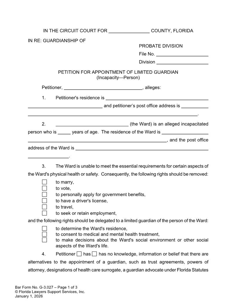 Petition For Appointment Of Limited Guardian Incapacity Person {G-3.027} | Pdf Fpdf Doc Docx | FLSSI Guardianship