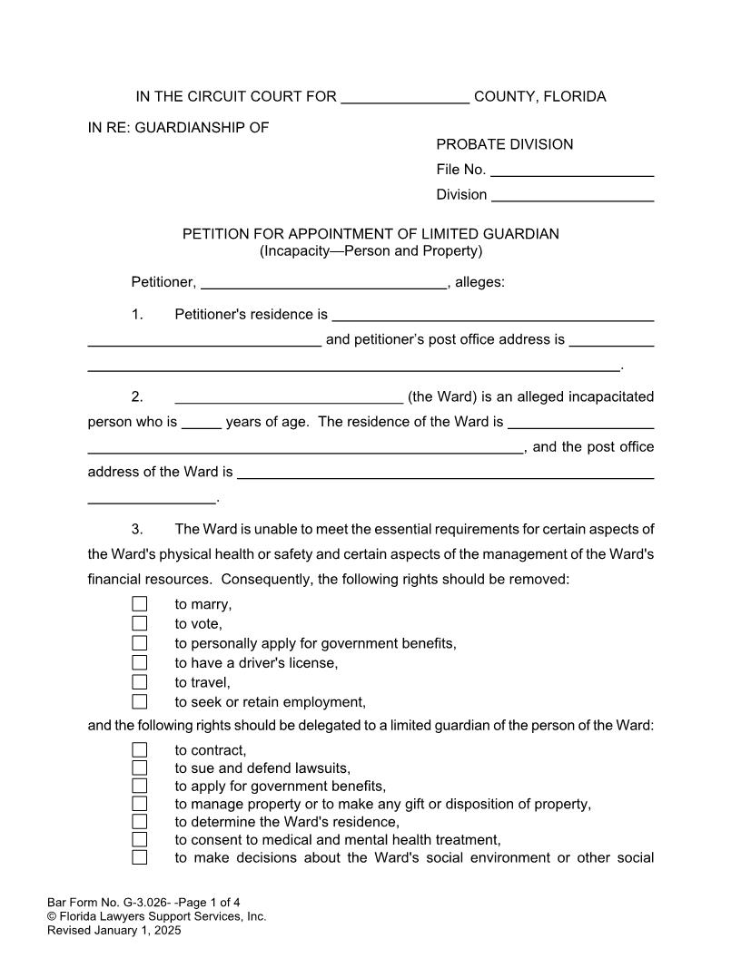 Petition For Appointment Of Limited Guardian Incapacity Person And Property {G-3.026} | Pdf Fpdf Doc Docx | FLSSI Guardianship