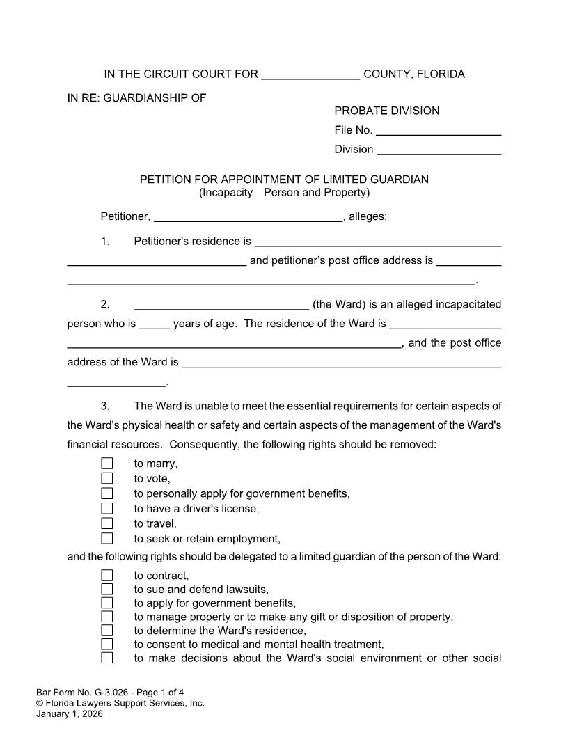 Petition For Appointment Of Limited Guardian Incapacity Person And Property {G-3.026} | Pdf Fpdf Doc Docx | FLSSI Guardianship
