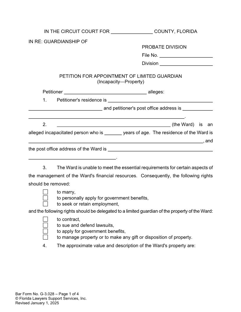 Petition For Appointment Of Limited Guardian Incapacity Property {G-3.028} | Pdf Fpdf Doc Docx | FLSSI Guardianship