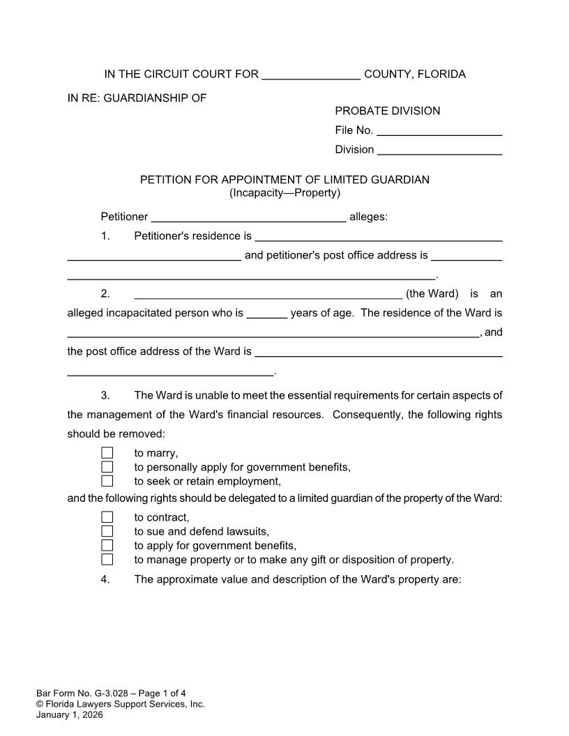 Petition For Appointment Of Limited Guardian Incapacity Property {G-3.028} | Pdf Fpdf Doc Docx | FLSSI Guardianship