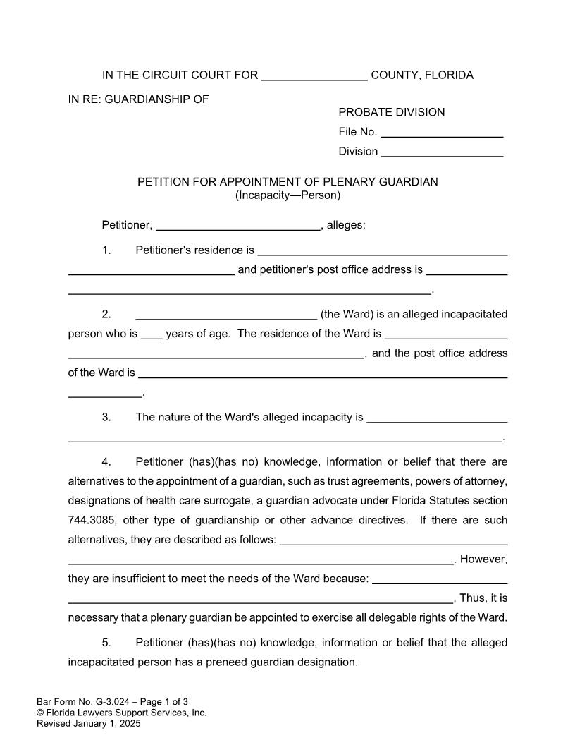 Petition For Appointment Of Plenary Guardian Incapacity Person {G-3.024} | Pdf Fpdf Doc Docx | FLSSI Guardianship