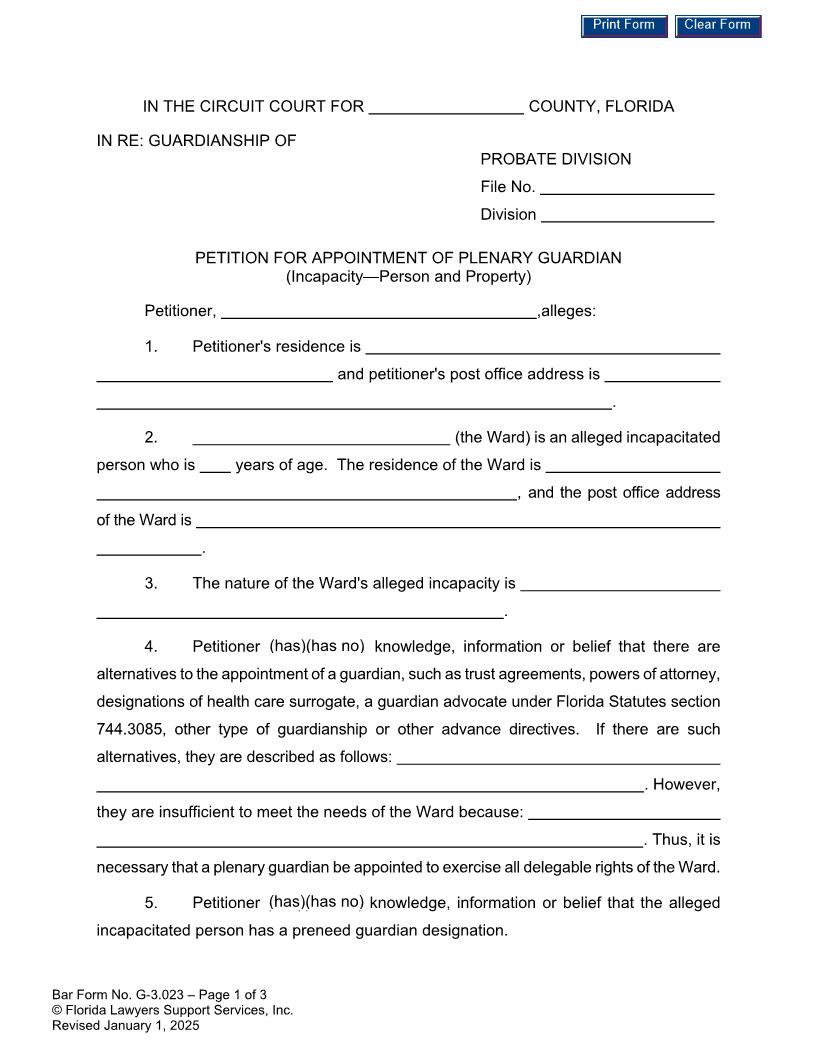 Petition For Appointment Of Plenary Guardian Incapacity Person And Property {G-3.023} | Pdf Fpdf Doc Docx | FLSSI Guardianship