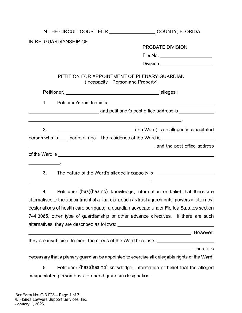 Petition For Appointment Of Plenary Guardian Incapacity Person And Property {G-3.023} | Pdf Fpdf Doc Docx | FLSSI Guardianship