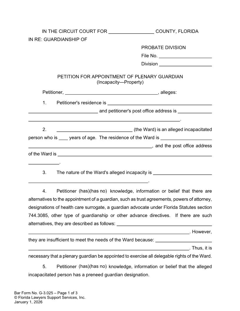 Petition For Appointment Of Plenary Guardian Incapacity Property {G-3.025} | Pdf Fpdf Doc Docx | FLSSI Guardianship
