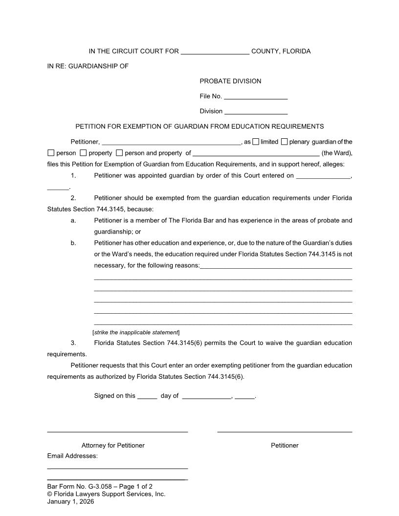 Petition For Exemption Of Guardian From Education Requirements {G-3.058} | Pdf Fpdf Doc Docx | FLSSI Guardianship
