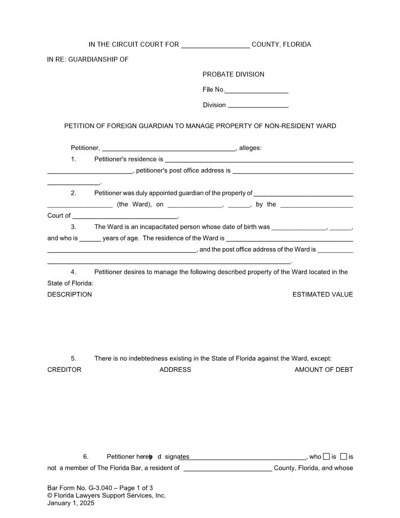 Petition Of Foreign Guardian To Manage Property Of Non-Resident Ward {G-3.040} | Pdf Fpdf Doc Docx | FLSSI Guardianship
