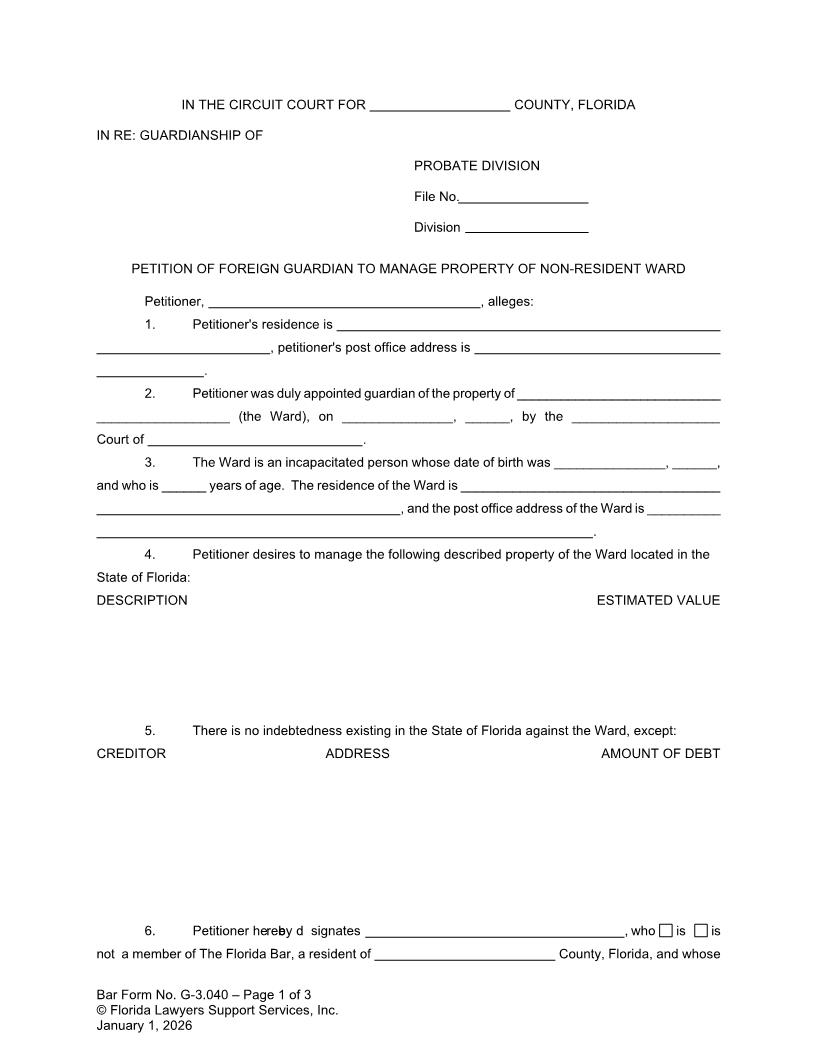 Petition Of Foreign Guardian To Manage Property Of Non-Resident Ward {G-3.040} | Pdf Fpdf Doc Docx | FLSSI Guardianship