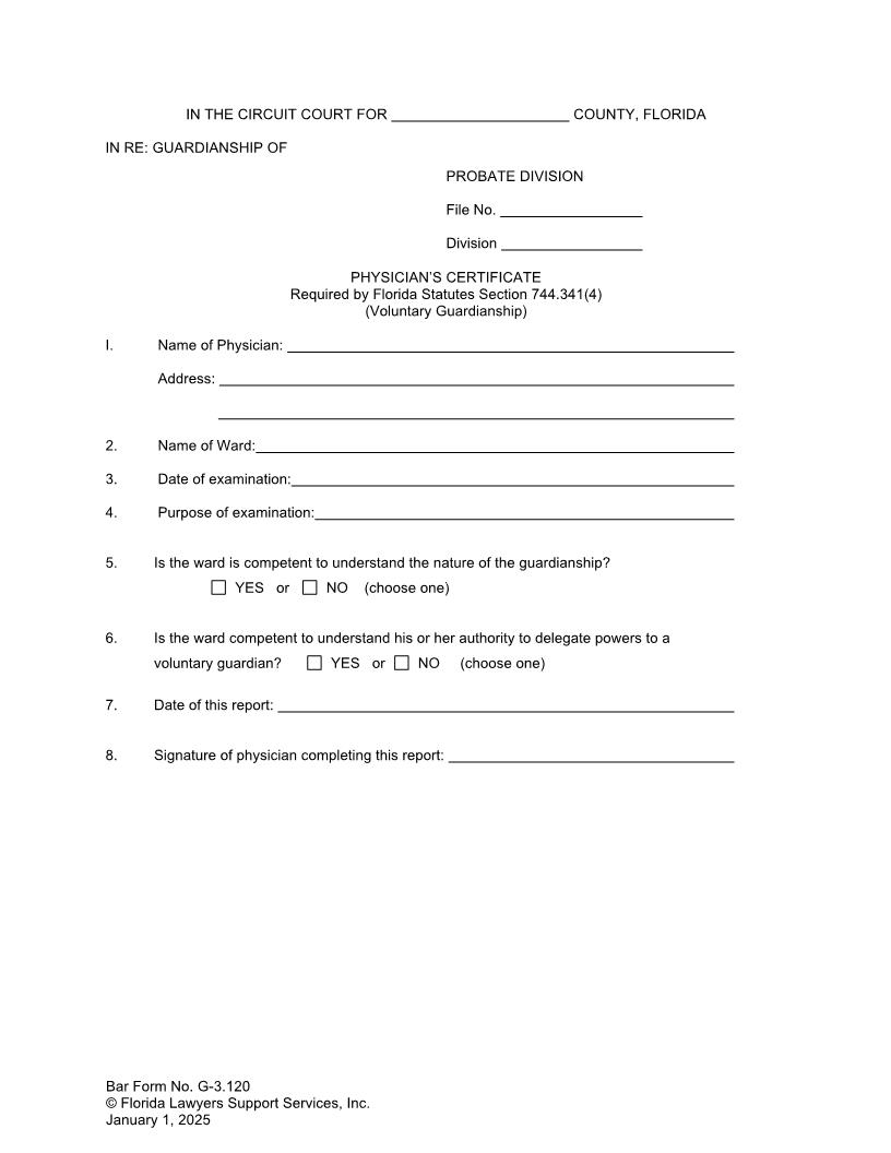 Physicians Certificate (Voluntary Guardianship) {G-3.120} | Pdf Fpdf Docx | FLSSI Guardianship