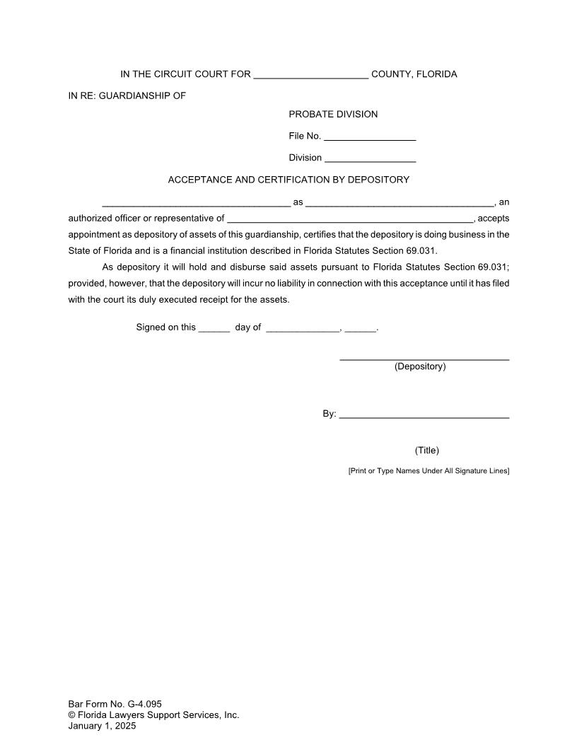 Acceptance And Certification By Depository {G-4.095} | Pdf Fpdf Doc Docx | FLSSI Guardianship