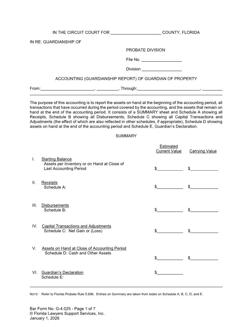 Accounting (Guardianship Report) Of Guardian Of Property {G-4.025} | Pdf Fpdf Docx | FLSSI Guardianship