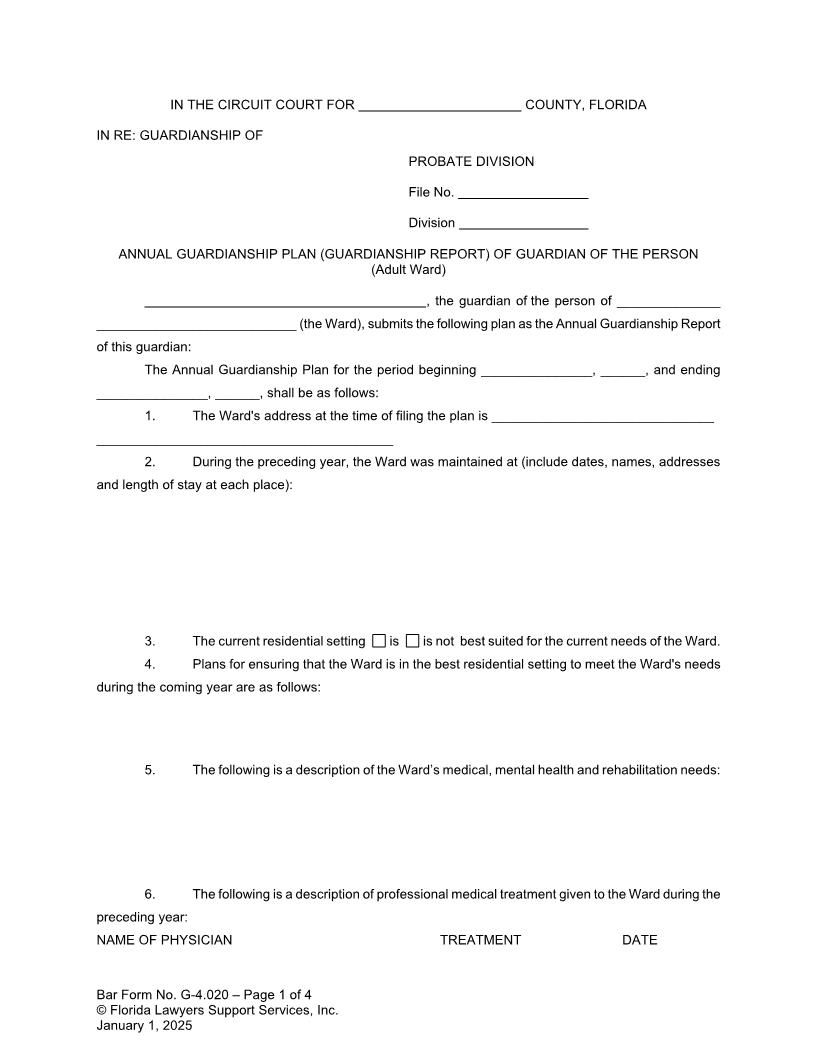 Annual Guardianship Plan Report Of Guardian Of Person (Adult Ward) {G-4.020} | Pdf Fpdf Doc Docx | FLSSI Guardianship