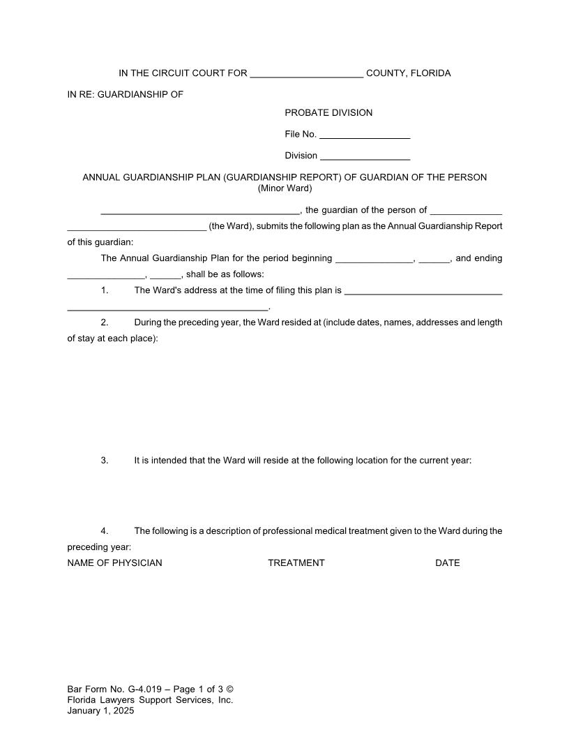 Annual Guardianship Plan Report Of Guardian Of Person (Minor Ward) {G-4.019} | Pdf Fpdf Doc Docx | FLSSI Guardianship