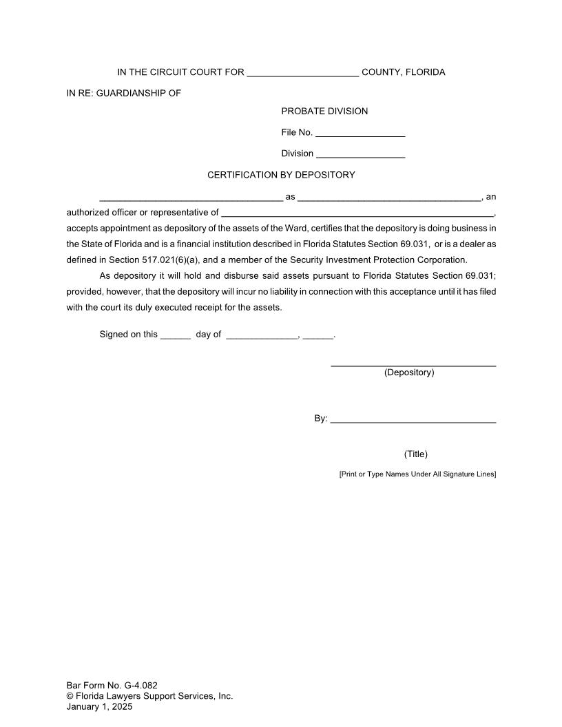 Certification By Depository {G-4.082} | Pdf Fpdf Doc Docx | FLSSI Guardianship
