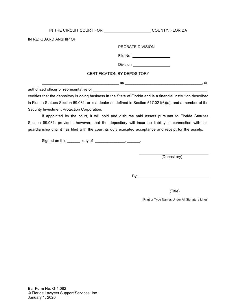 Certification By Depository {G-4.082} | Pdf Fpdf Doc Docx | FLSSI Guardianship
