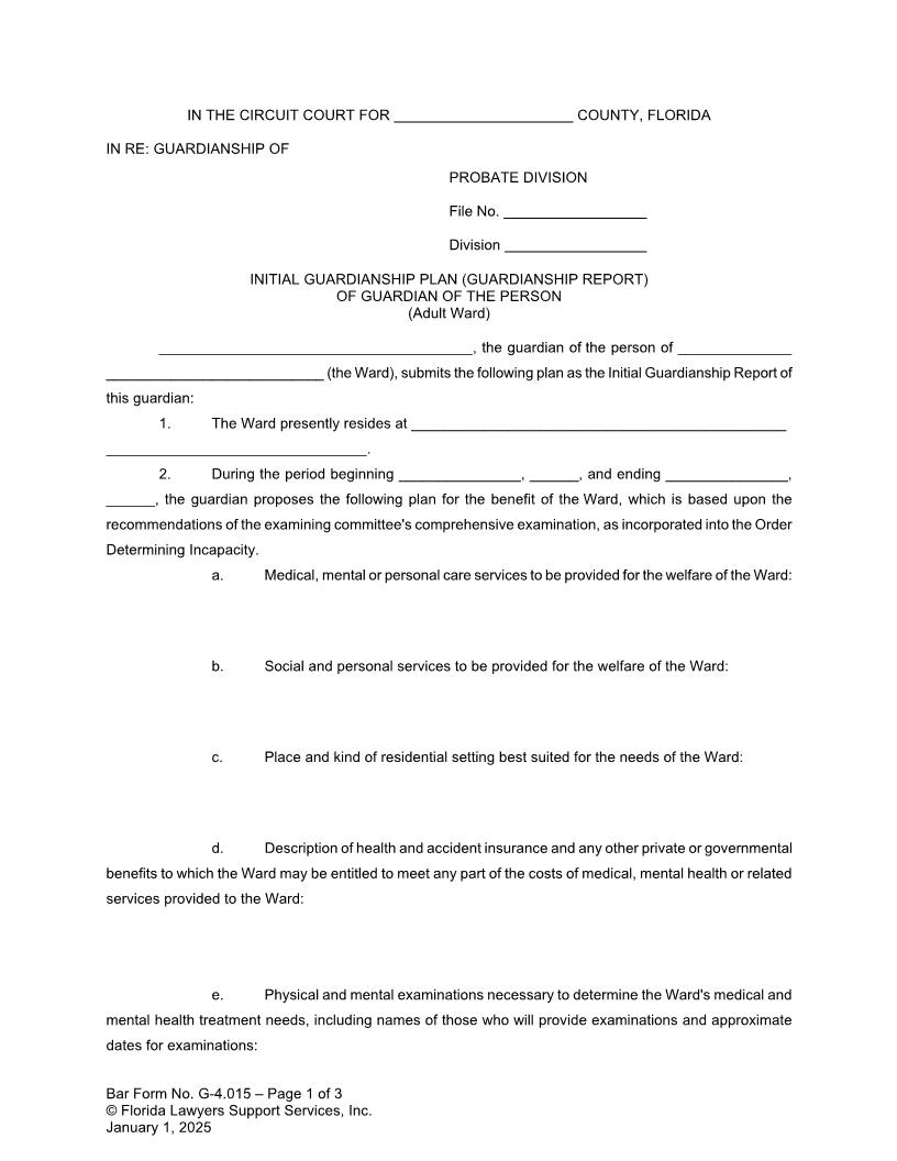 Initial Guardianship Plan Report Of Guardian Of Person (Adult Ward) {G-4.015} | Pdf Fpdf Doc Docx | FLSSI Guardianship