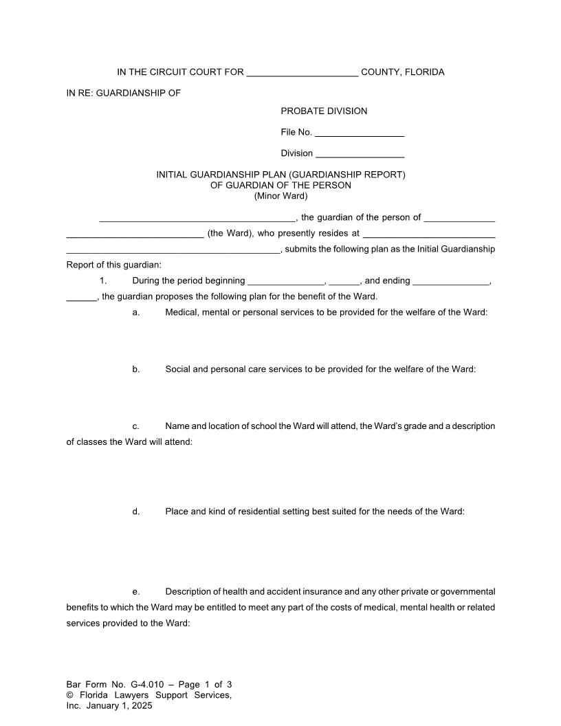 Initial Guardianship Plan Report Of Guardian Of Person (Minor Ward) {G-4.010} | Pdf Fpdf Doc Docx | FLSSI Guardianship